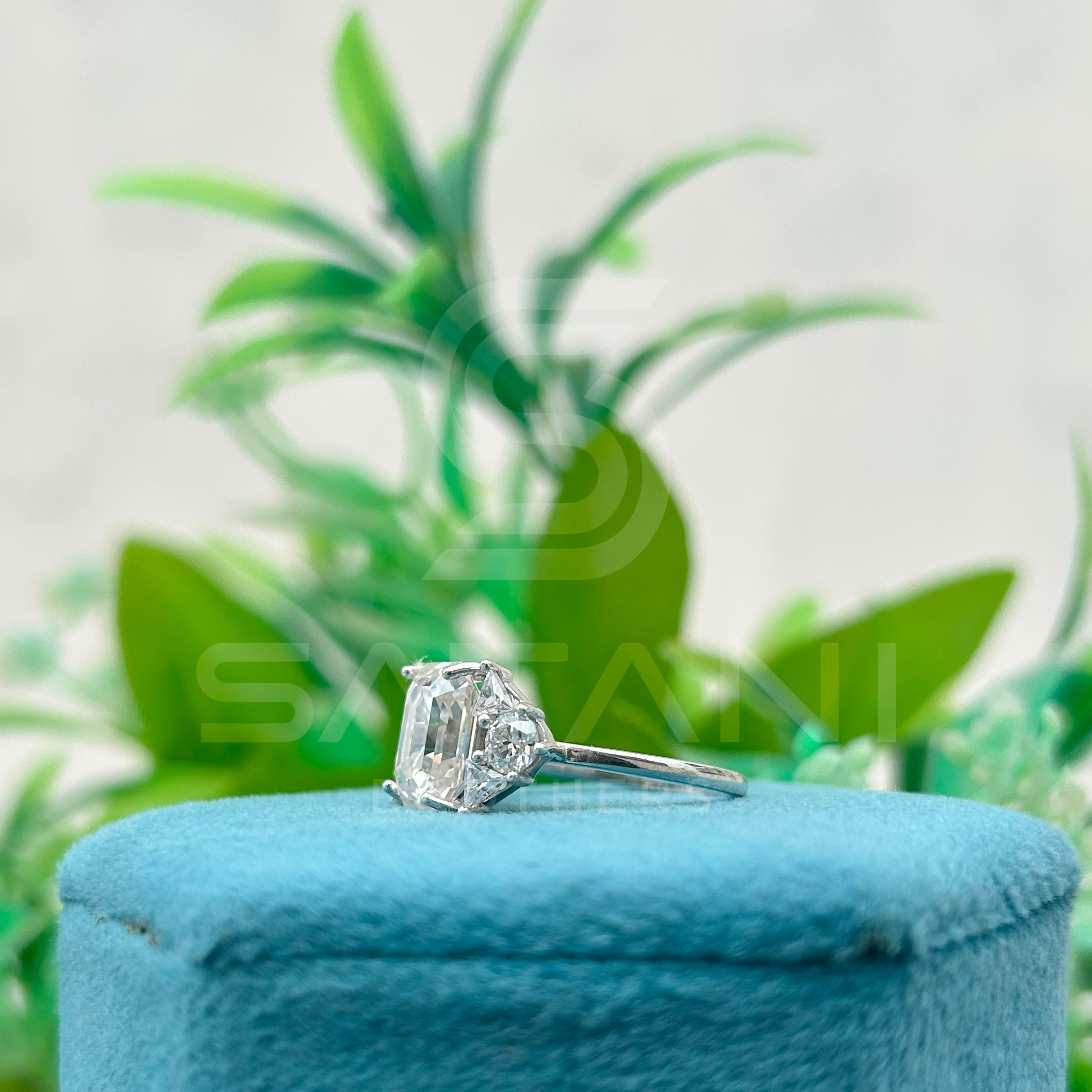 Vintage Emerald Cut Engagement Ring | Art Deco Moissanite Ring with Halo and Side Accents | Glamorous Statement Bridal Jewelry