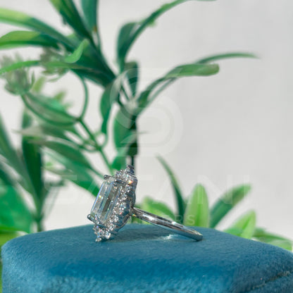 Emerald Cut Moissanite Halo Engagement Ring – Vintage Inspired Moissanite Jewellery in White Gold, Bridal Statement Ring by Satani Brothers