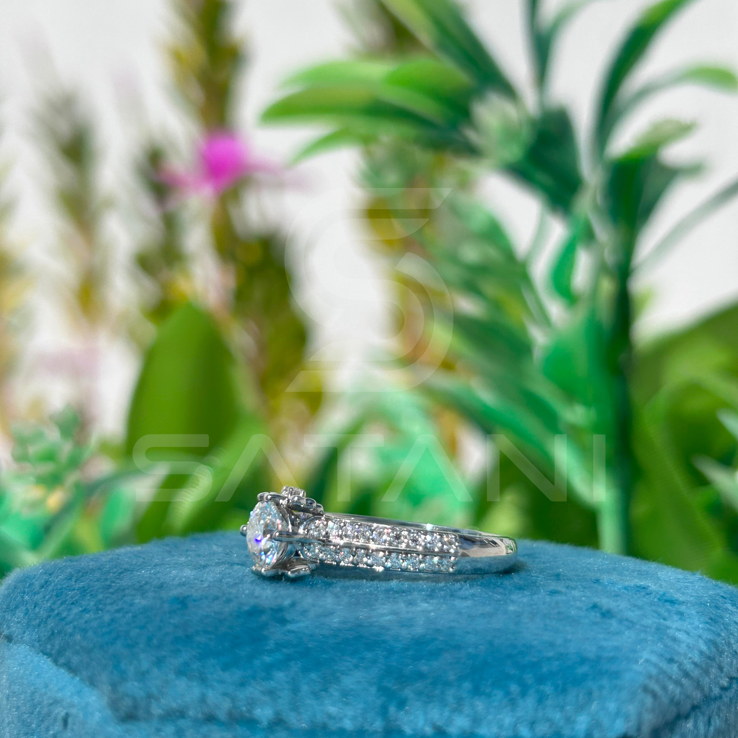 Moissanite Engagement Ring | Double Row Pavé Band | Round Cut | Sterling Silver | Dainty Sparkling Bridal Ring | Proposal Jewelry