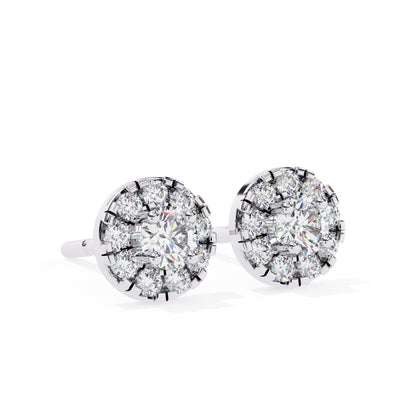 Round Diamond Halo Stud Earrings in 925 Sterling Silver – 0.27 Ct Total, Center 3.2 mm & Side 1.6 mm Diamonds, 2g