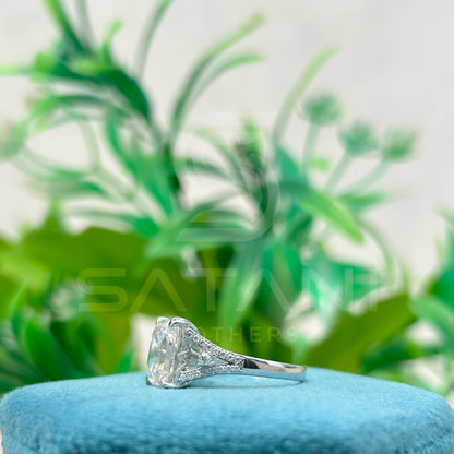 "Emerald Cut Moissanite Engagement Ring with Side Accents in Sterling Silver"