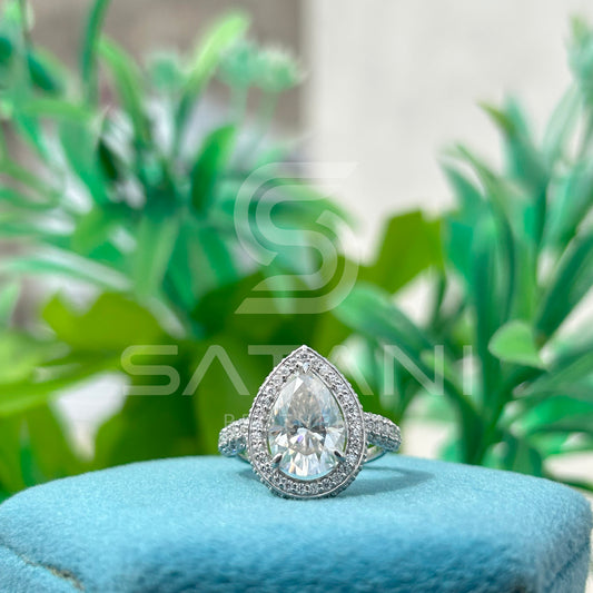 Pear Shape Moissanite Engagement Ring 12x8mm Center | 18K White Gold Halo Bridal Ring with Pave Band