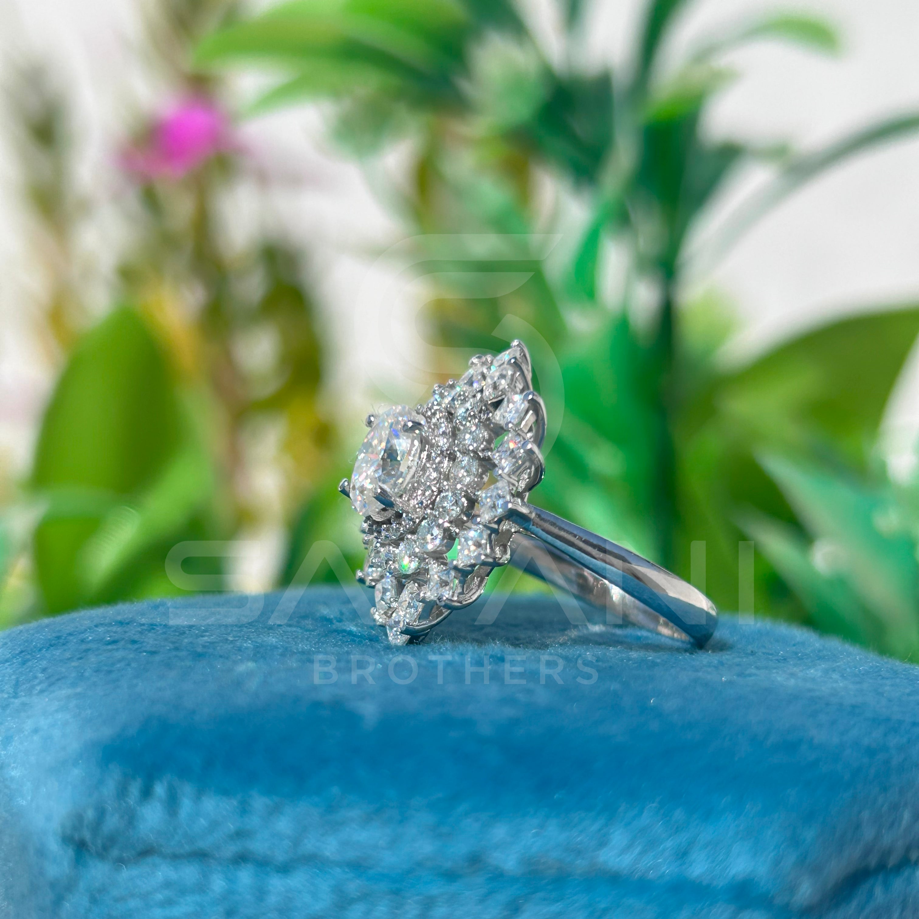 Floral Halo Moissanite Ring | Oval Center with Round & Princess Accents | Regal Engagement or Party Ring