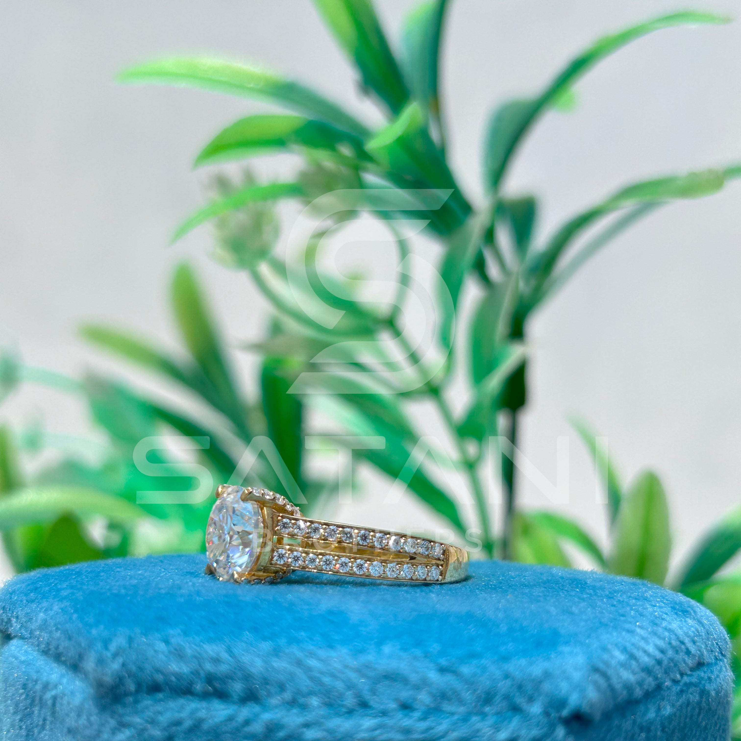 Round Brilliant Cut Diamond Engagement Ring with Double Pave Band in Yellow Gold