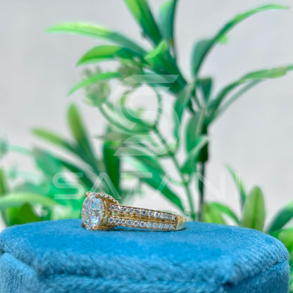 Round Brilliant Cut Diamond Engagement Ring with Double Pave Band in Yellow Gold