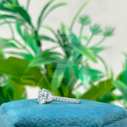 14K White Gold Moissanite Engagement Ring | 9mm Round Center Stone with Trillion Side Stones & Pave Band | Classic Three Stone Ring