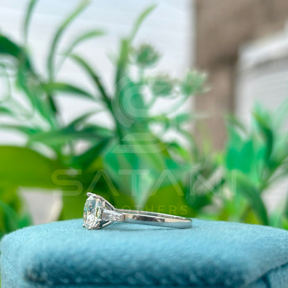 Cushion Cut Diamond Engagement Ring with Baguette Side Stones | 925 Silver Solitaire Ring | Classic Three Stone Diamond Ring for Women