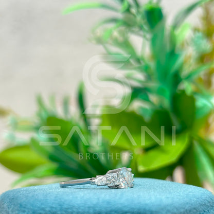 Five Stone Moissanite Engagement Ring | 14K White Gold | Round Center with Princess & Pear Side Stones | Unique Bridal Ring