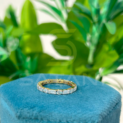“Gold Eternity Band with Round & Emerald Cut Diamonds – Dainty Full Eternity Ring, Unique Stacking Band, Anniversary or Wedding Ring”