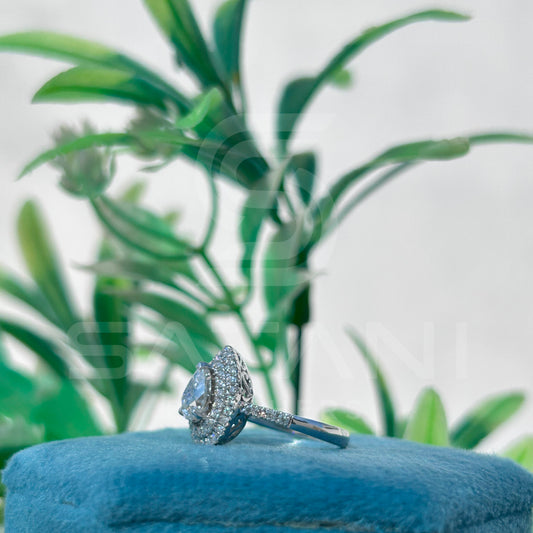 "Pear Cut Moissanite Engagement Ring – Double Halo Sparkling Design"