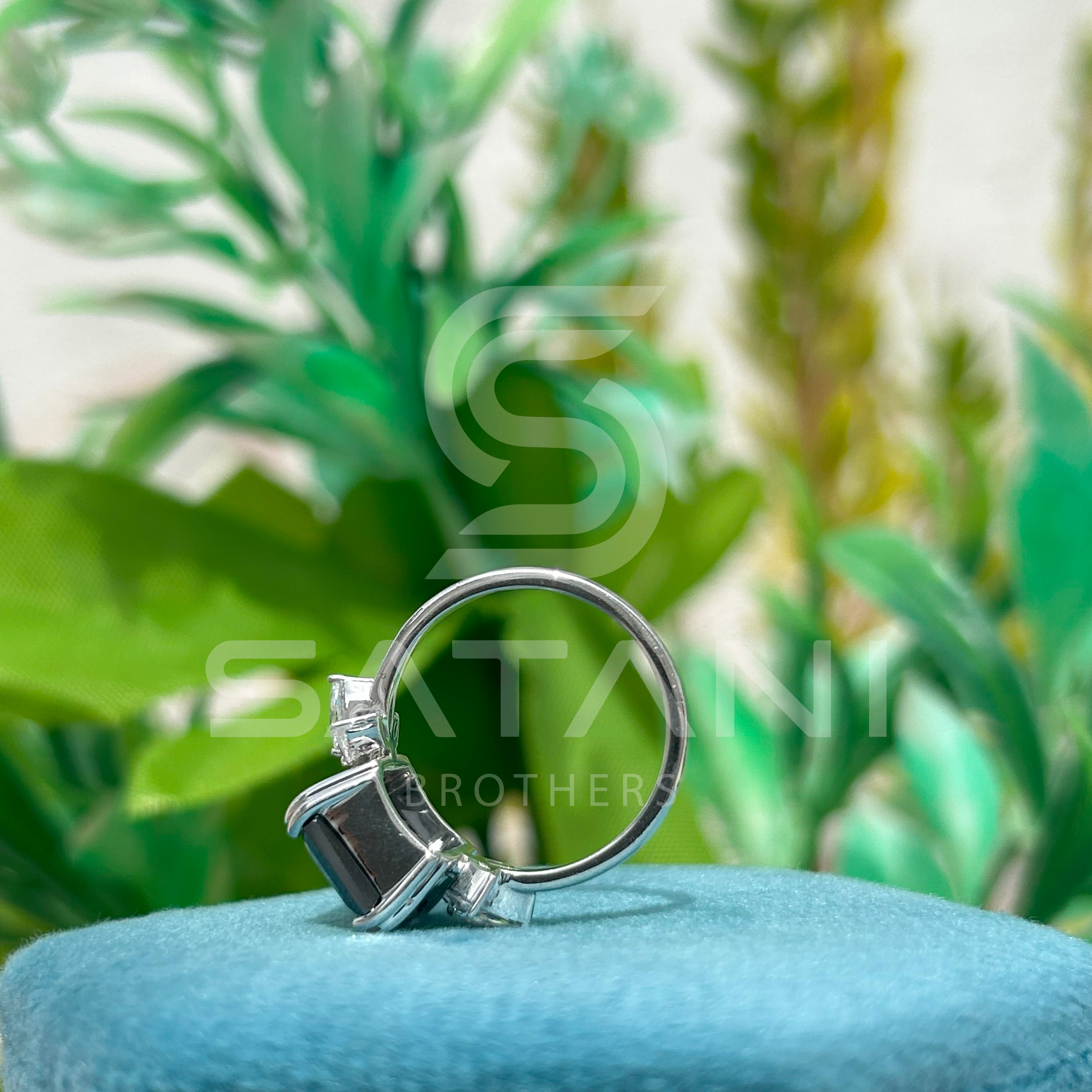 Emerald Cut Black Moissanite Engagement Ring – Unique Floral Leaf Accent Moissanite Jewellery in White Gold, Modern Statement Ring by Satani Brothers