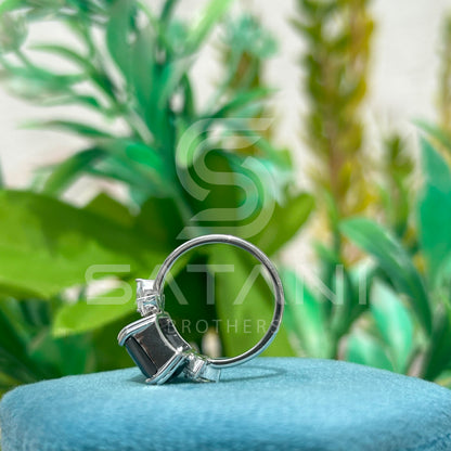 Emerald Cut Black Moissanite Engagement Ring – Unique Floral Leaf Accent Moissanite Jewellery in White Gold, Modern Statement Ring by Satani Brothers