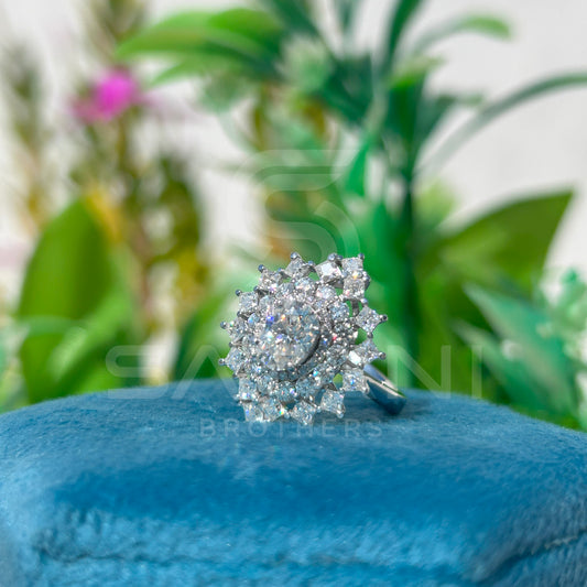 Floral Halo Moissanite Ring | Oval Center with Round & Princess Accents | Regal Engagement or Party Ring