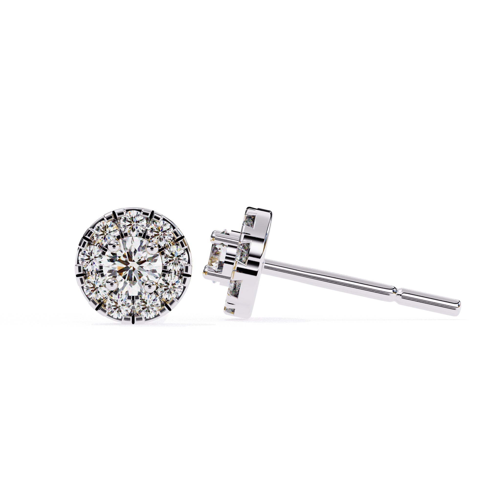 Round Diamond Halo Stud Earrings in 925 Sterling Silver – 0.27 Ct Total, Center 3.2 mm & Side 1.6 mm Diamonds, 2g