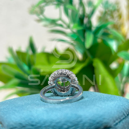 Round Halo Moissanite Statement Ring – Multi-Layer Pave Setting – Available in 925 Silver, 10K, 14K, 18K White or Rose Gold