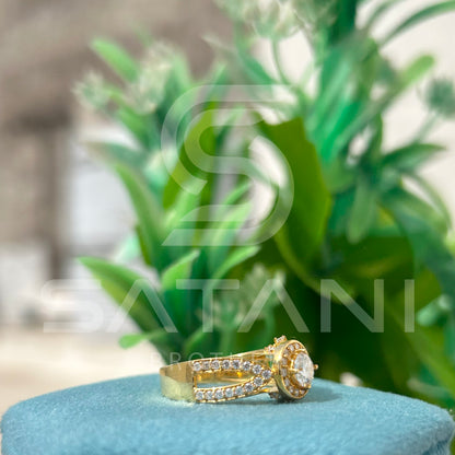 "Gold Moissanite Engagement Ring – Round Cut Solitaire with Halo and Split Shank Pave Band, Unique Diamond Alternative Bridal Ring"