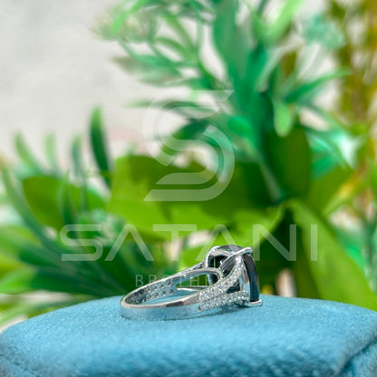 Cushion Cut Black Moissanite Engagement Ring – 12mm Center Stone with Split Shank, 14K White Gold Vintage Inspired Statement Ring