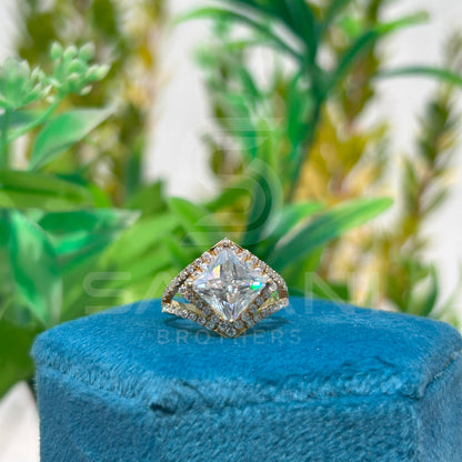 “Princess Cut Diamond Ring with Double Halo Split Shank – Statement Engagement Ring, 14K Gold Luxury Cocktail Ring”