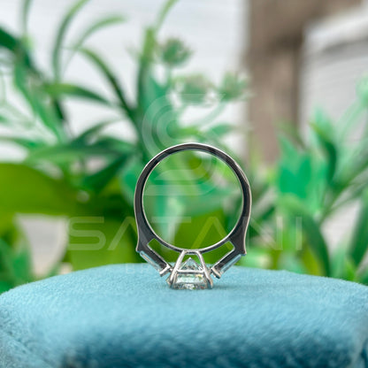 Cushion Cut Diamond Engagement Ring with Baguette Side Stones | 925 Silver Solitaire Ring | Classic Three Stone Diamond Ring for Women