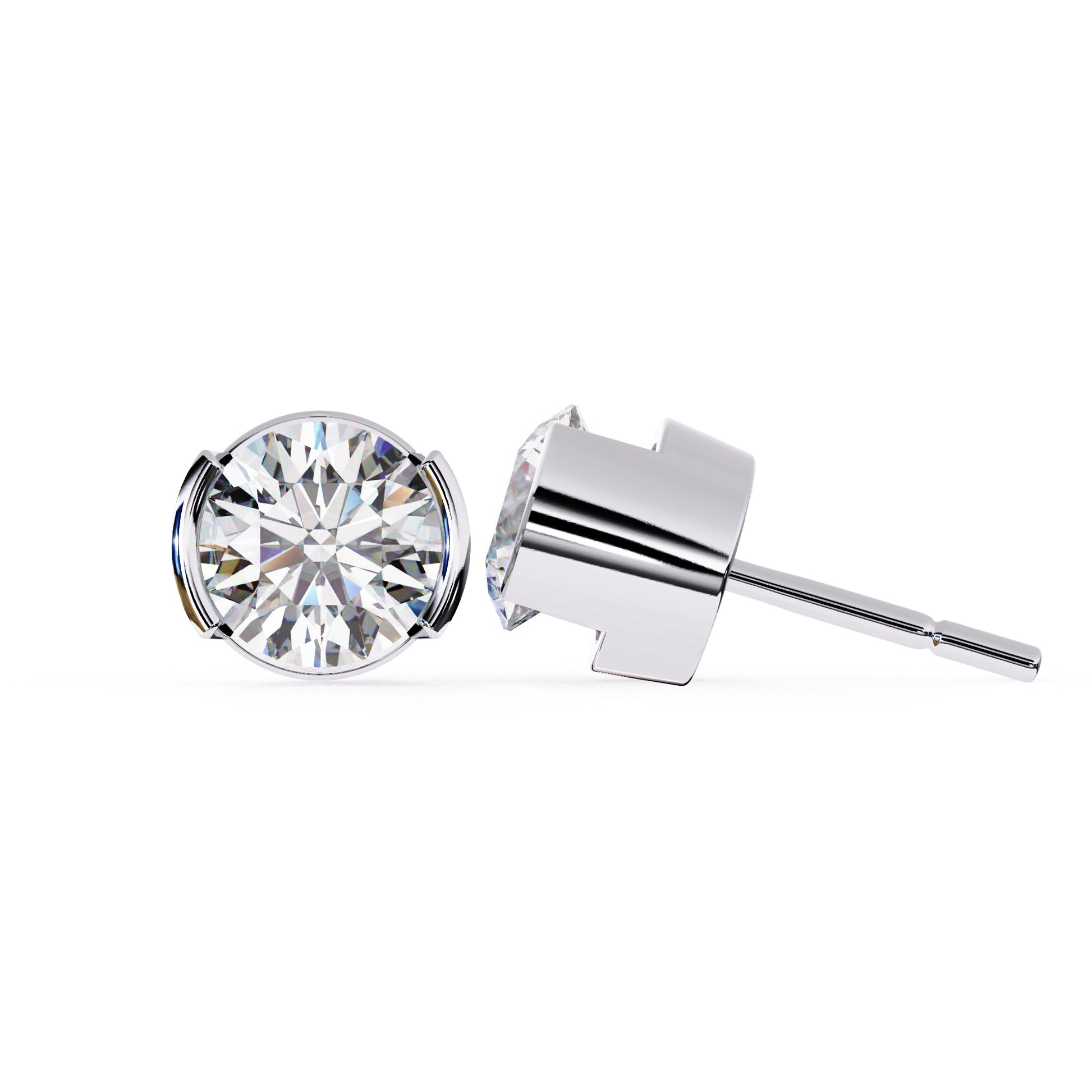 Close-up of SATANIBROTHERS 925 silver round diamond stud earrings, showcasing prong design and sparkling brilliance.