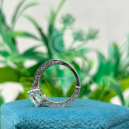 Round Cut Diamond Solitaire Engagement Ring, 10K White Gold Classic Bridal Ring, Pave Band Wedding Jewelry