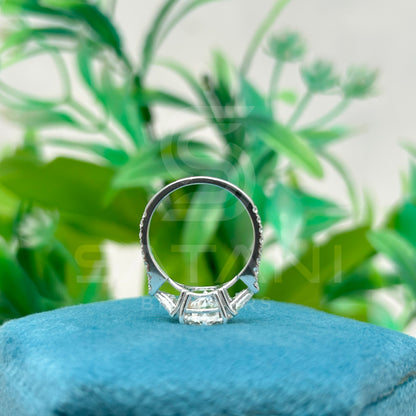 14K White Gold Moissanite Engagement Ring | 9mm Round Center Stone with Trillion Side Stones & Pave Band | Classic Three Stone Ring