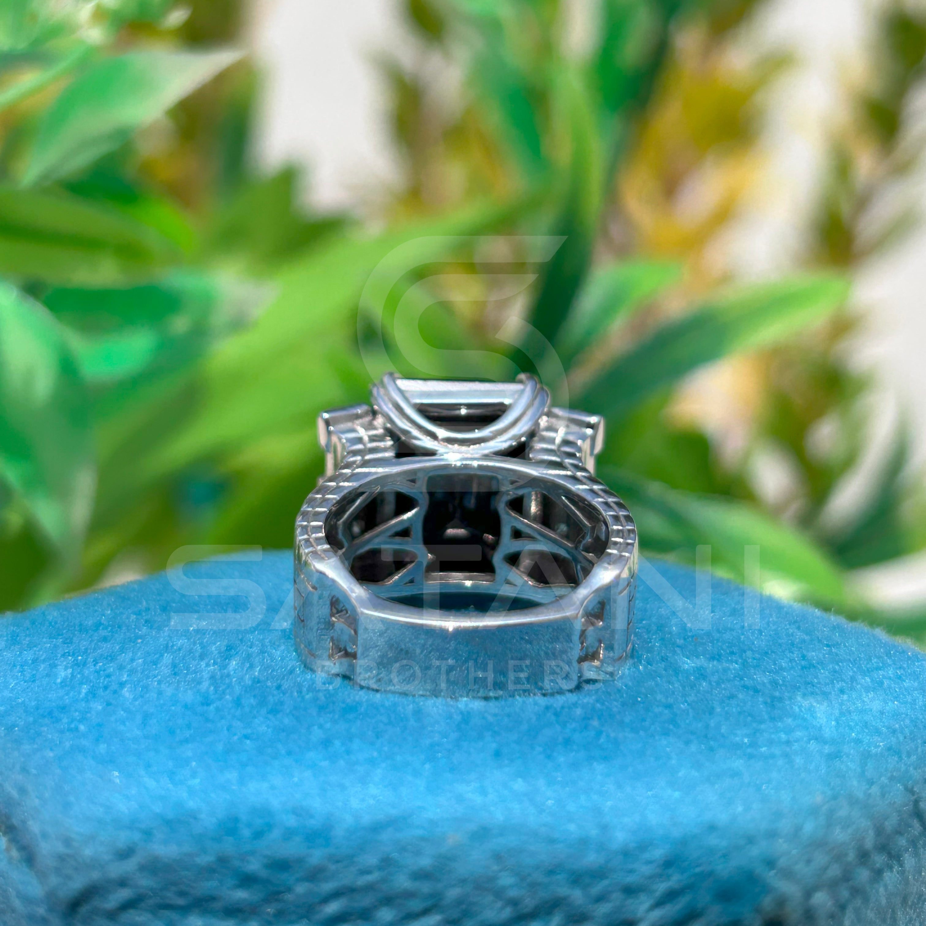 Men’s Black Onyx Emerald Cut Ring – Vintage Art Deco Statement Ring with Side Stones