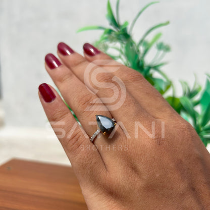 “Pear Shape Black Diamond Engagement Ring with Pave Band”