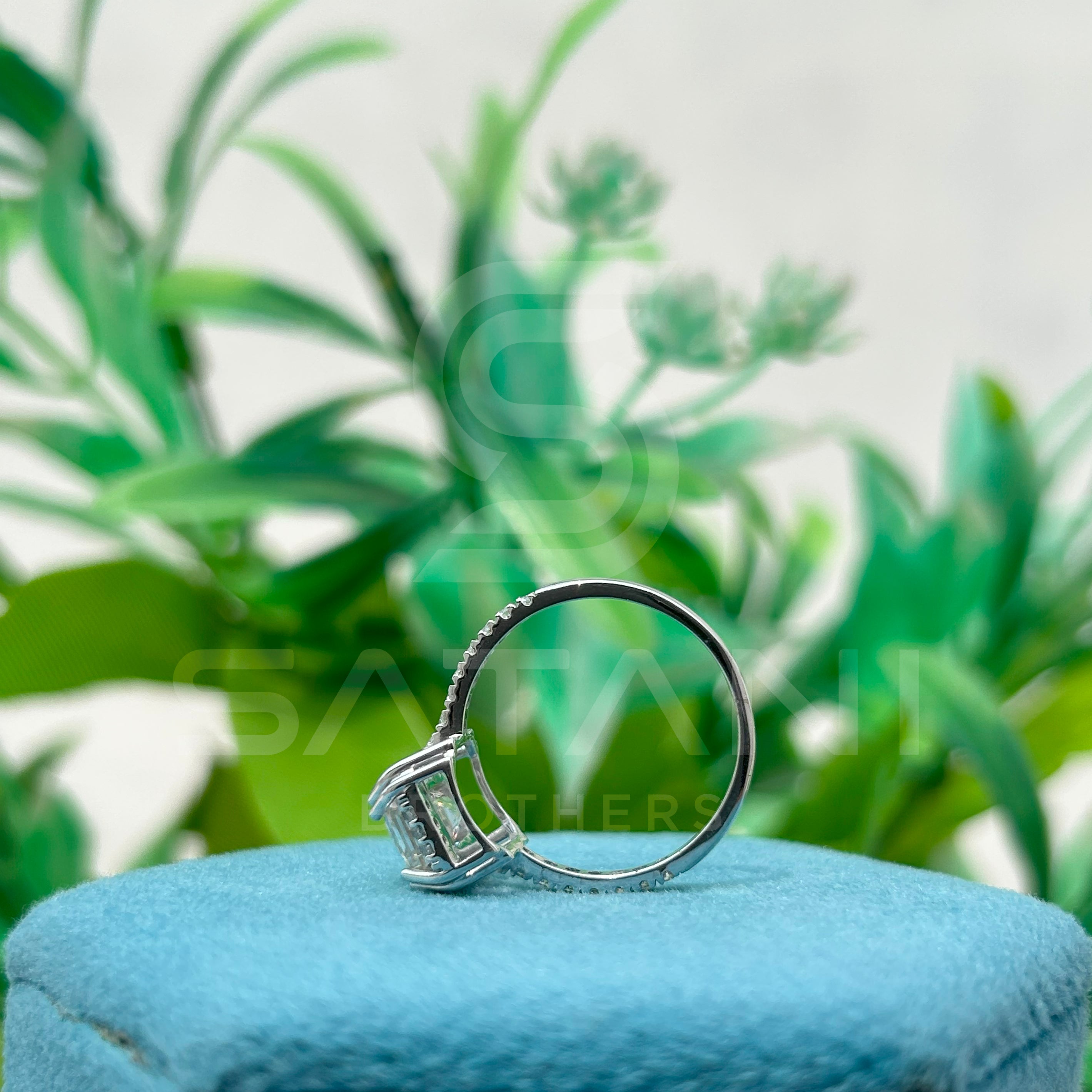 Emerald Cut Moissanite Engagement Ring – Dainty Pavé Band Moissanite Jewellery in White Gold, Elegant Bridal & Anniversary Ring by Satani Brothers