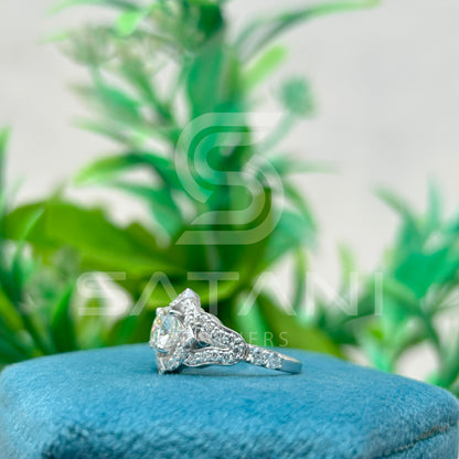 Cushion Cut Moissanite Engagement Ring 6.5mm Center with Round & Princess Side Stones | 10K White Gold Vintage Halo Bridal Ring