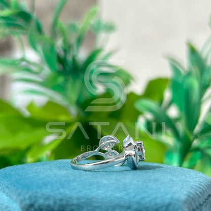 "Floral Bypass Diamond Ring – Adjustable Petal Design with Brilliant Round Center Stone"