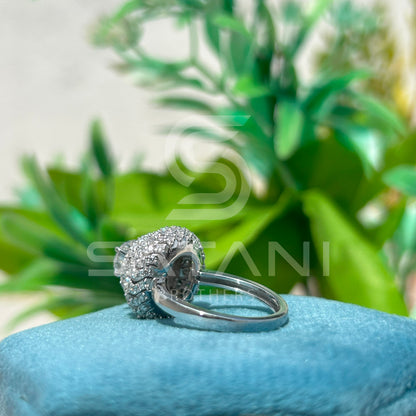 Round Halo Moissanite Statement Ring – Multi-Layer Pave Setting – Available in 925 Silver, 10K, 14K, 18K White or Rose Gold