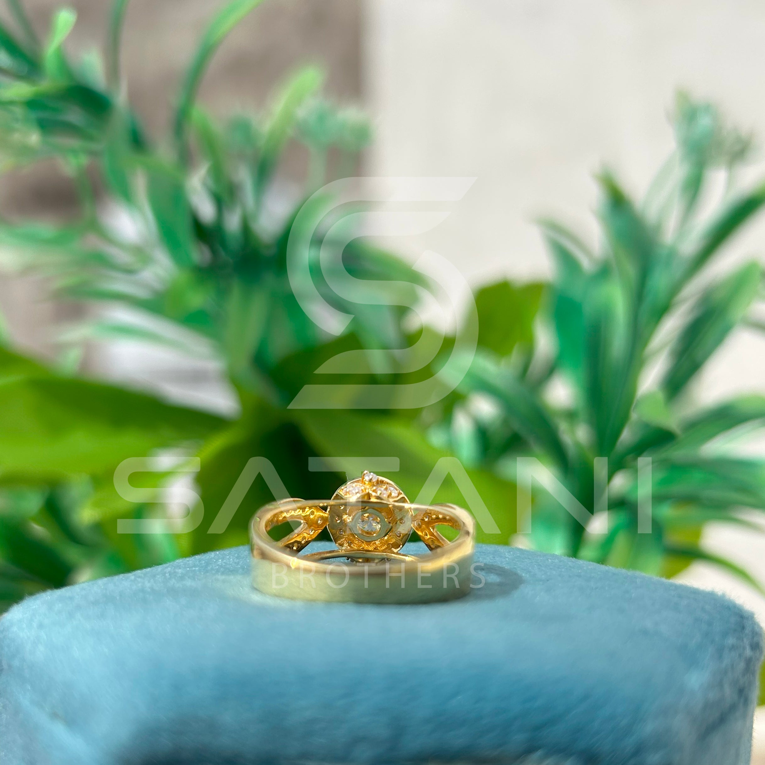 "Gold Moissanite Engagement Ring – Round Cut Solitaire with Halo and Split Shank Pave Band, Unique Diamond Alternative Bridal Ring"