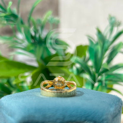 "Gold Moissanite Engagement Ring – Round Cut Solitaire with Halo and Split Shank Pave Band, Unique Diamond Alternative Bridal Ring"