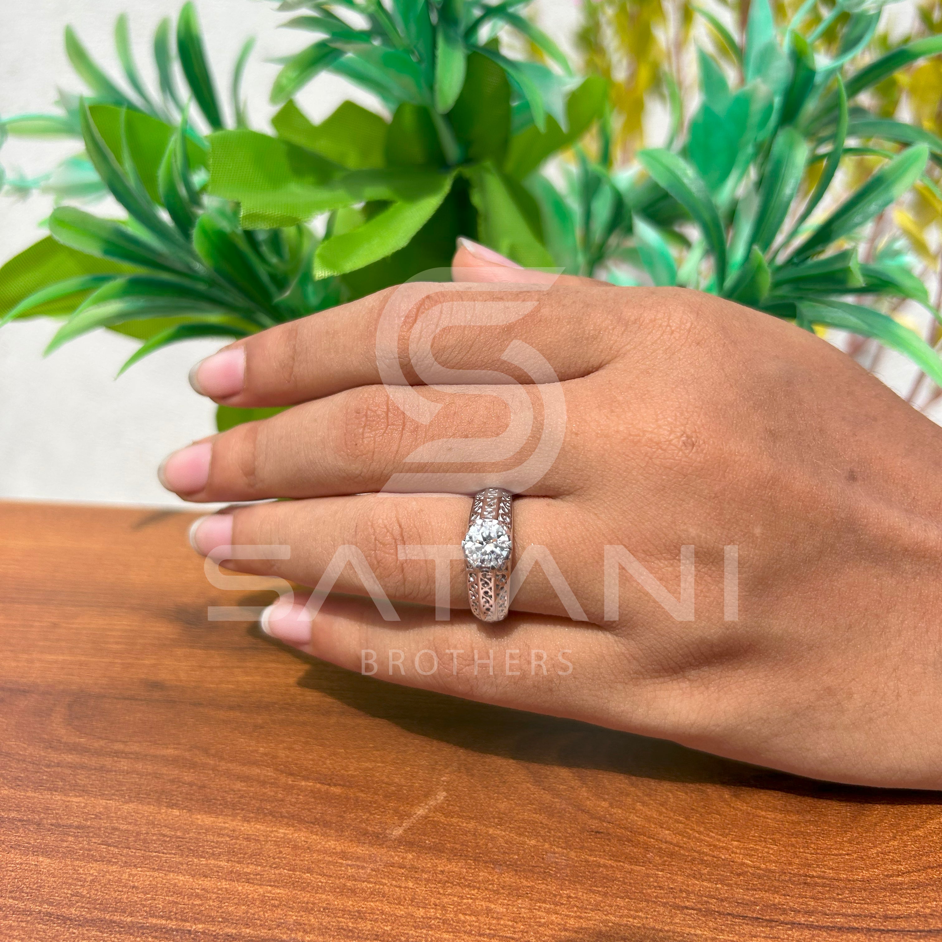 Vintage Filigree Engagement Ring – Round Brilliant Solitaire with Split Shank, Elegant Promise or Wedding Ring