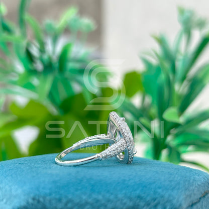 Pear Shape Moissanite Engagement Ring 12x8mm Center | 18K White Gold Halo Bridal Ring with Pave Band