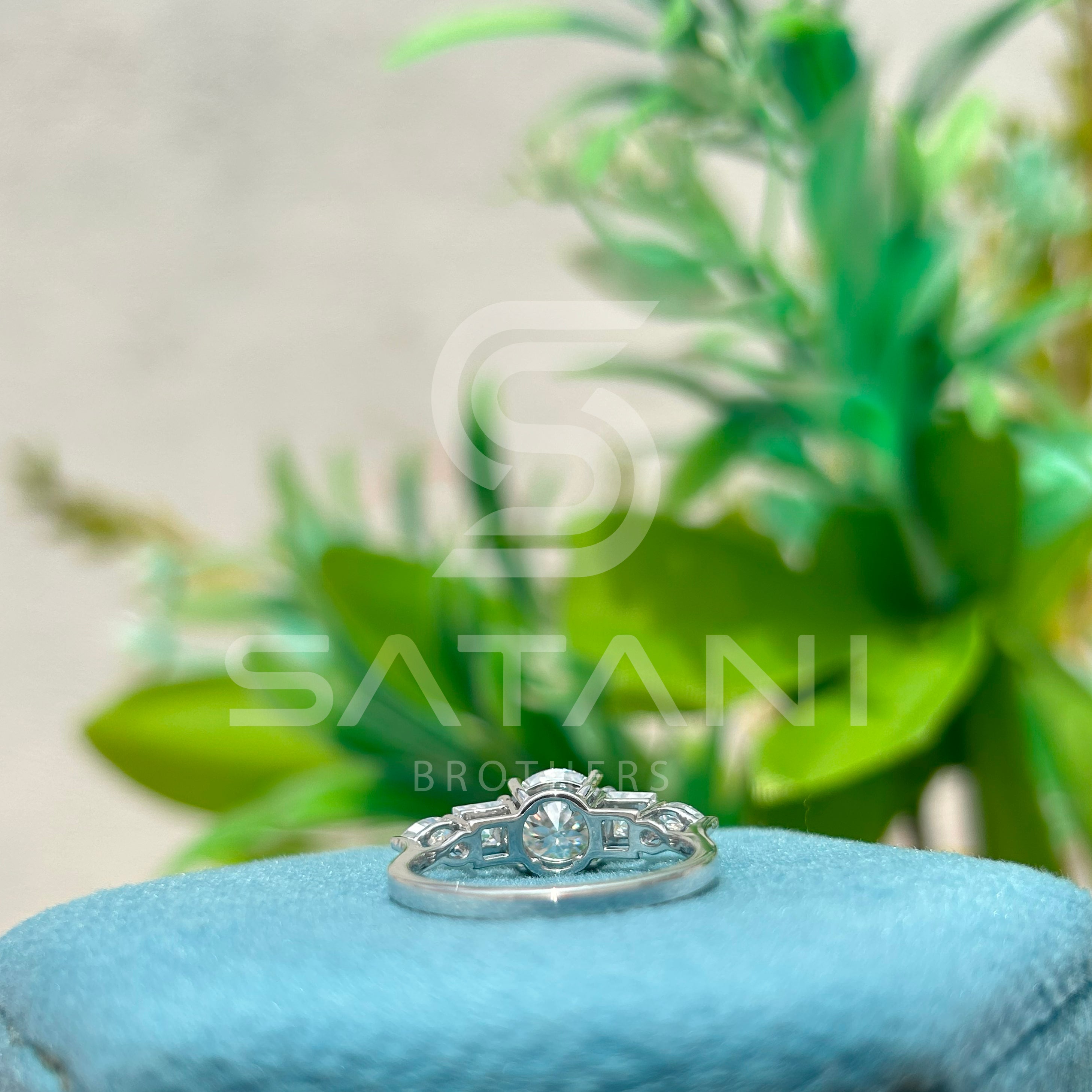 Five Stone Moissanite Engagement Ring | 14K White Gold | Round Center with Princess & Pear Side Stones | Unique Bridal Ring