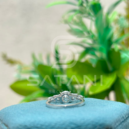 Five Stone Moissanite Engagement Ring | 14K White Gold | Round Center with Princess & Pear Side Stones | Unique Bridal Ring