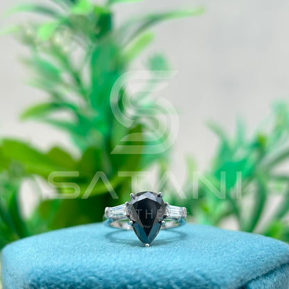 Pear Shape Black Diamond Three Stone Engagement Ring with Baguette Side Stones