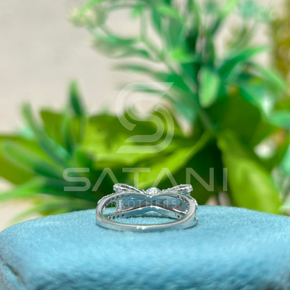 Moissanite Bow Engagement Ring – Round Cut Solitaire with Pave Diamond Accents, Unique Ribbon Design Bridal Ring, White Gold/Platinum"