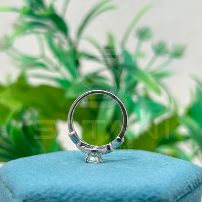 14K White Gold Halo Engagement Ring with Round Brilliant Cut Diamond & Pave Band