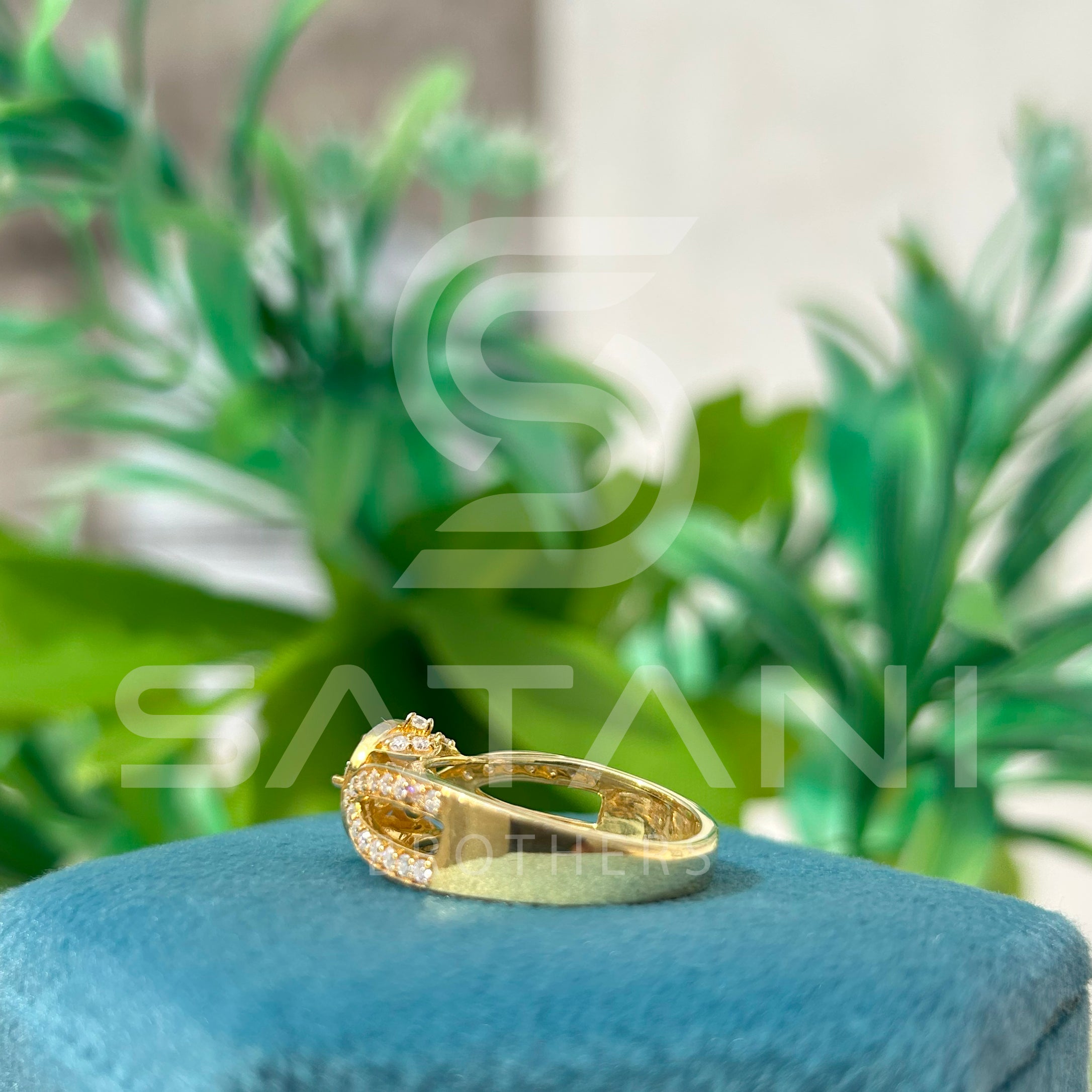 "Gold Moissanite Engagement Ring – Round Cut Solitaire with Halo and Split Shank Pave Band, Unique Diamond Alternative Bridal Ring"