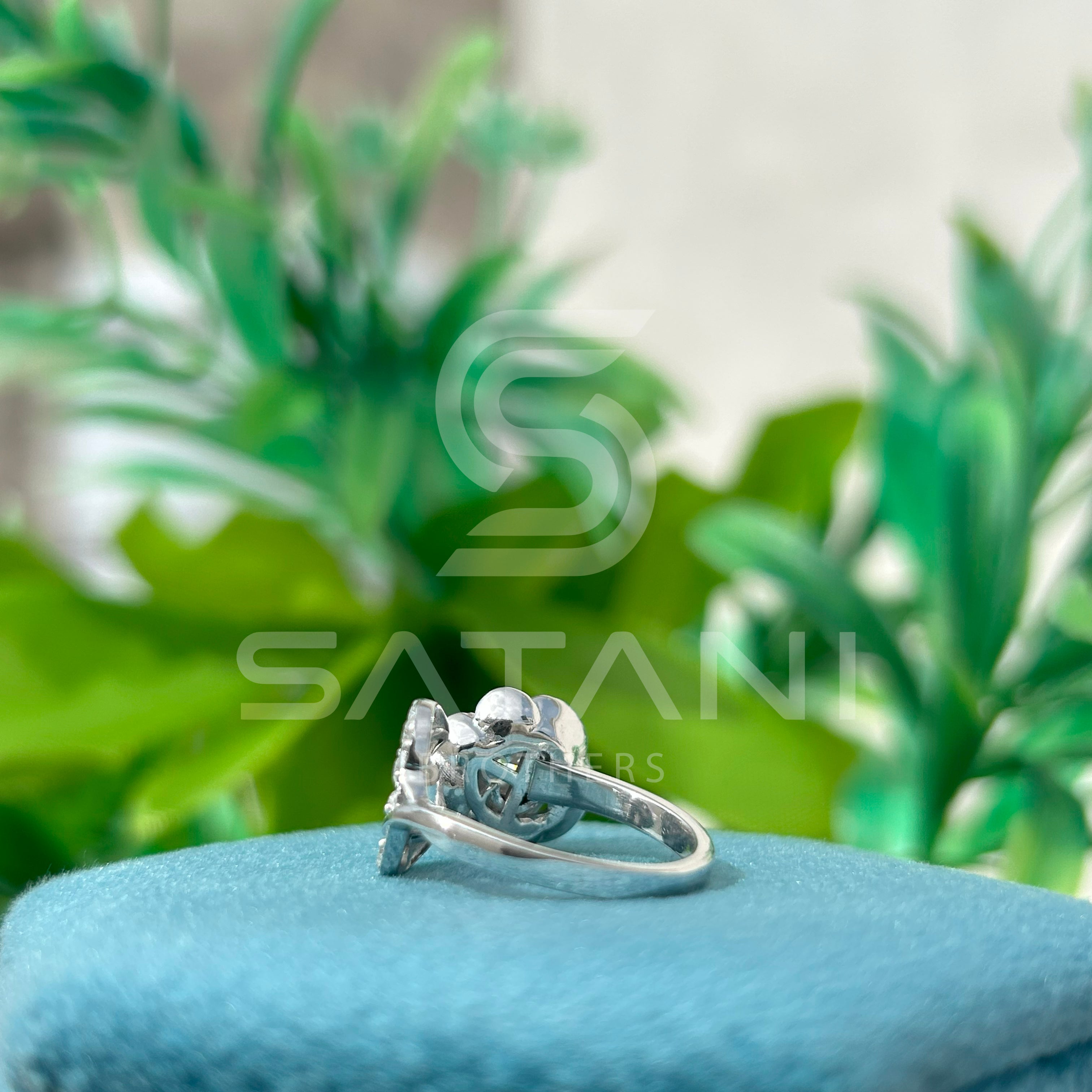 "Floral Bypass Diamond Ring – Adjustable Petal Design with Brilliant Round Center Stone"