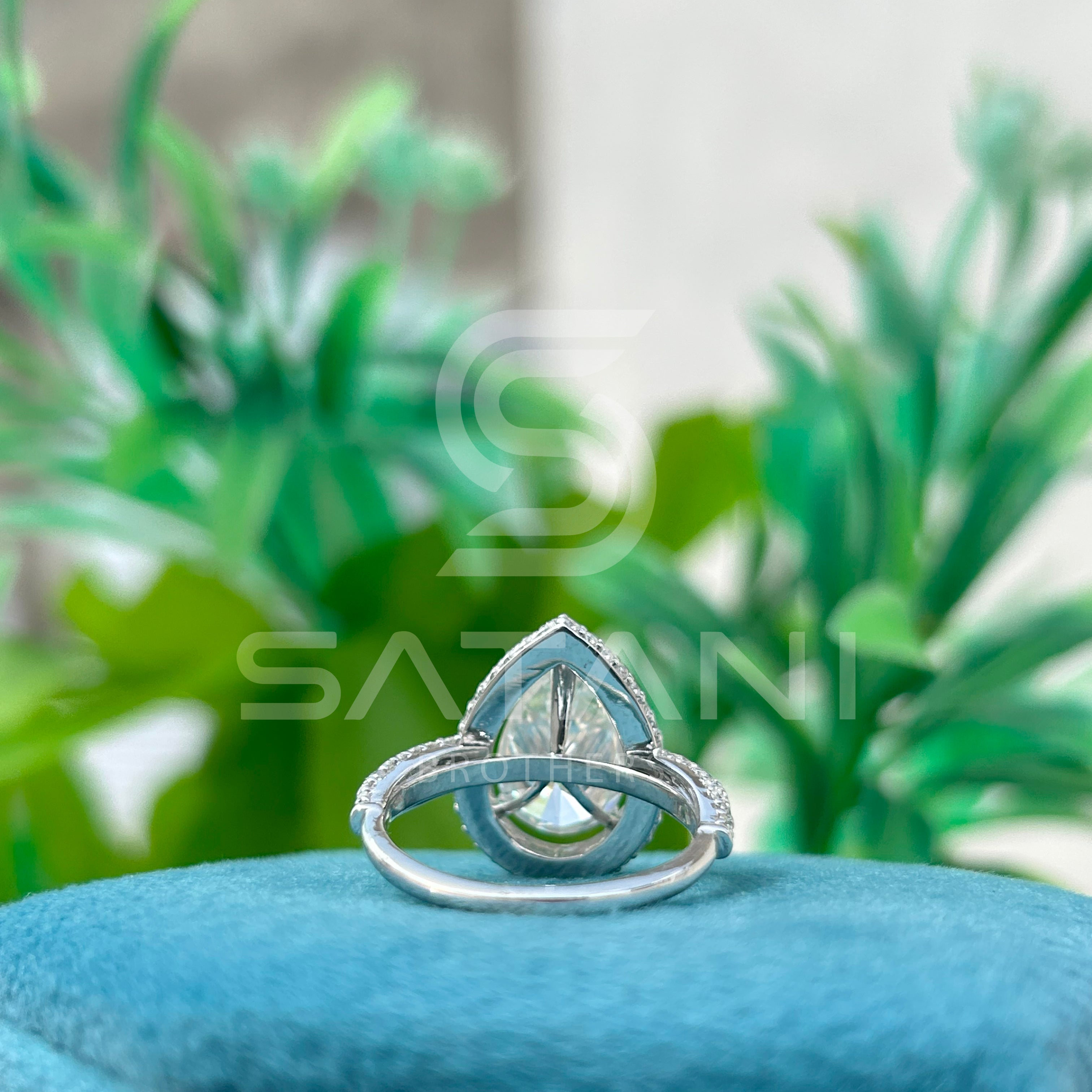 Pear Shape Moissanite Engagement Ring 12x8mm Center | 18K White Gold Halo Bridal Ring with Pave Band