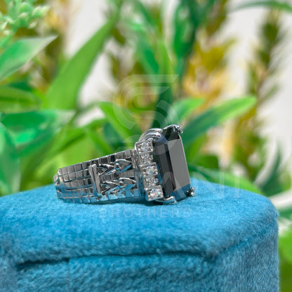 Men’s Black Onyx Emerald Cut Ring – Vintage Art Deco Statement Ring with Side Stones