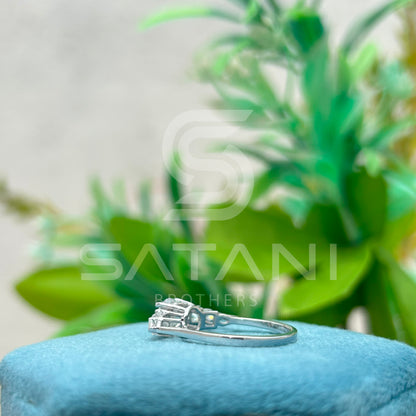 Five Stone Moissanite Engagement Ring | 14K White Gold | Round Center with Princess & Pear Side Stones | Unique Bridal Ring