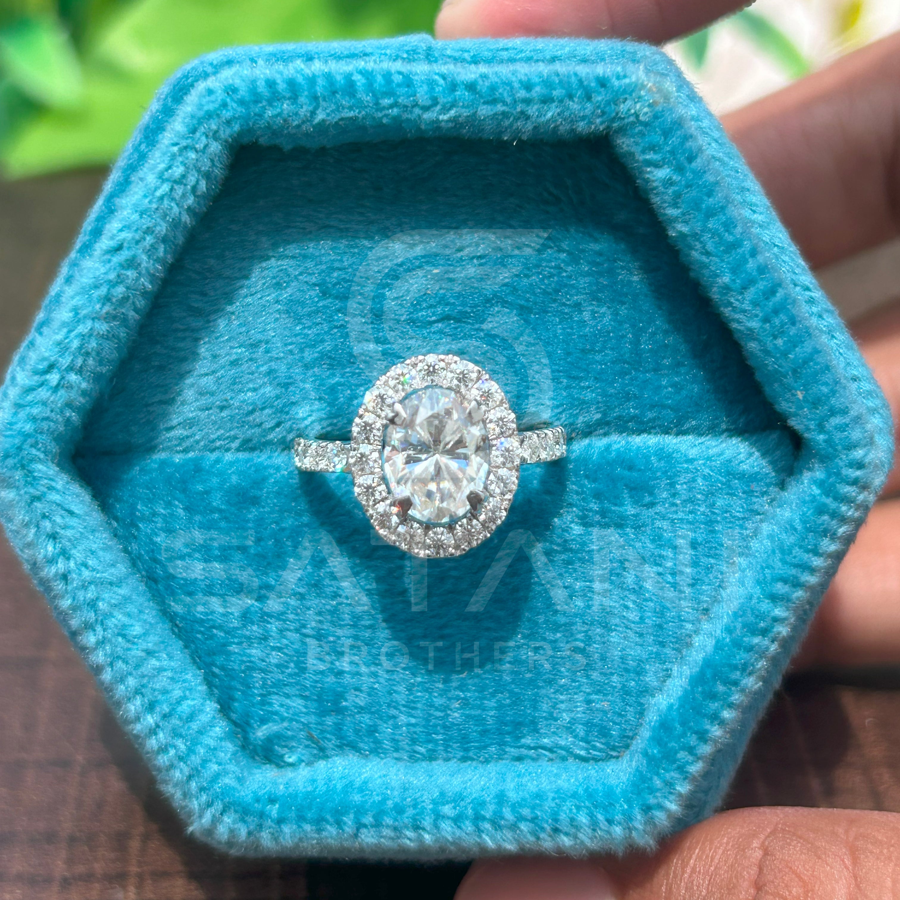 "Oval Cut Diamond Halo Engagement Ring in White Gold – Classic Oval Solitaire with Pave Band"