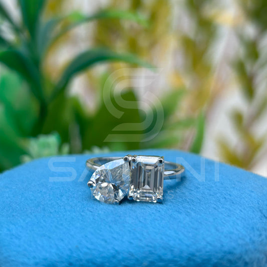 "Two Stone Moissanite Engagement Ring – Pear and Emerald Cut Toi et Moi Design, 14K White Gold, Modern Bridal Jewelry"