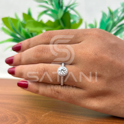 Moissanite Halo Engagement Ring – Round Cut Solitaire with Pave Band, Classic Diamond Alternative Bridal Ring, White Gold