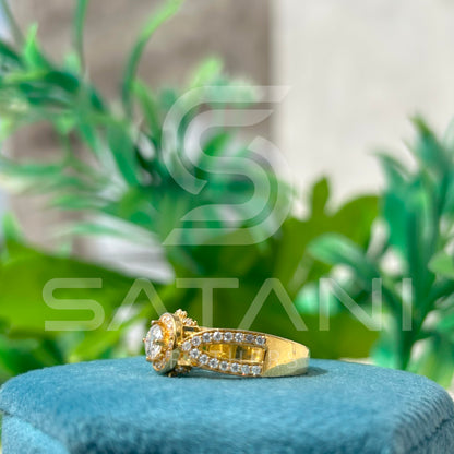"Gold Moissanite Engagement Ring – Round Cut Solitaire with Halo and Split Shank Pave Band, Unique Diamond Alternative Bridal Ring"